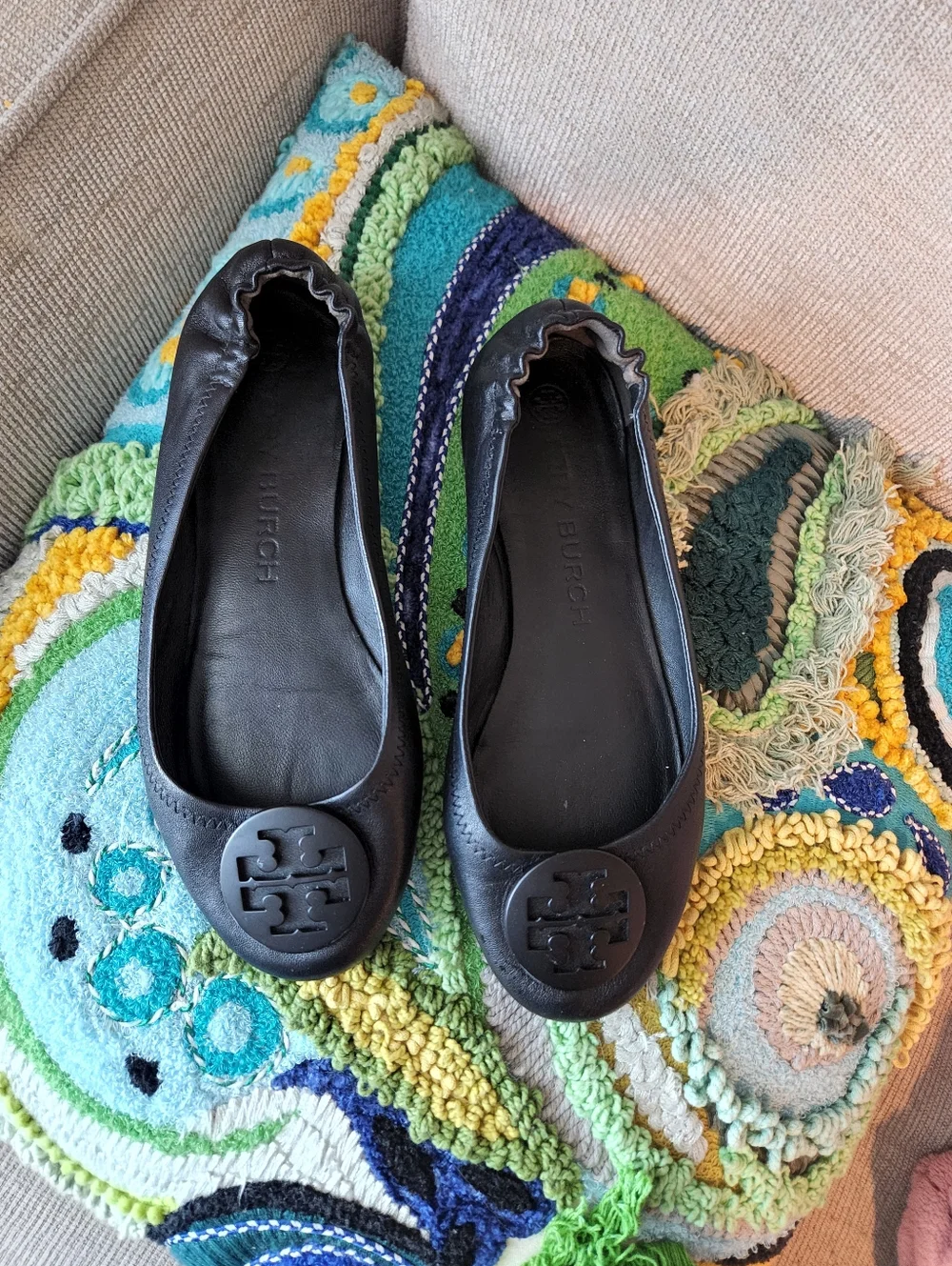 Tory Burch Black Leather Logo Ballet Flats